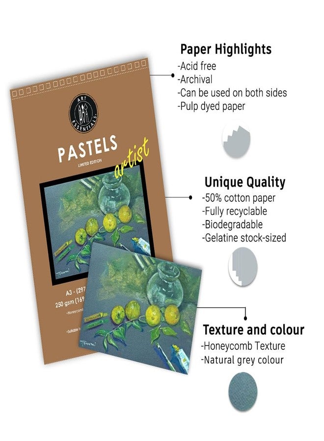 Art Essentials مجموعة أدوات فنية أساسية لرسم الباستيل، مقاس A3، لون رمادي داكن بنمط خلية النحل، وزن 250 غرام/متر مربع، غلاف حلزوني قصير الجوانب، مثقب بدقة، 20 ورقة، أوراق خالية من الأحماض مناسبة لألوان الباستيل، والطباشير، وأقلام التلوين، والغواش، والأكريليك، والوسائط المتعددة. - Image 4